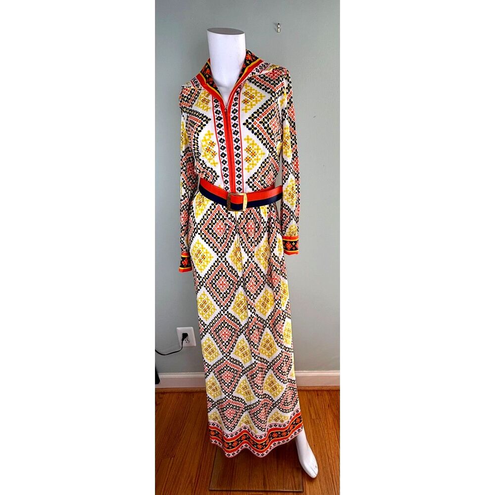 VTG 60s Women’s Boho Whimsy Festival Dopamime Funky Maxi Dress & Belt Size 6